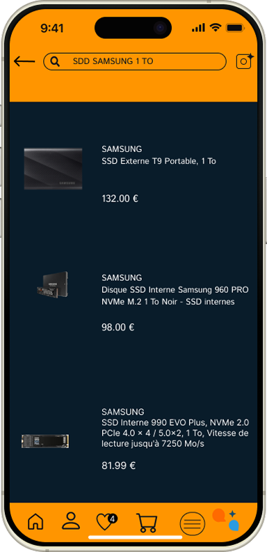 Écran recherche produit Amazon en mode nuit